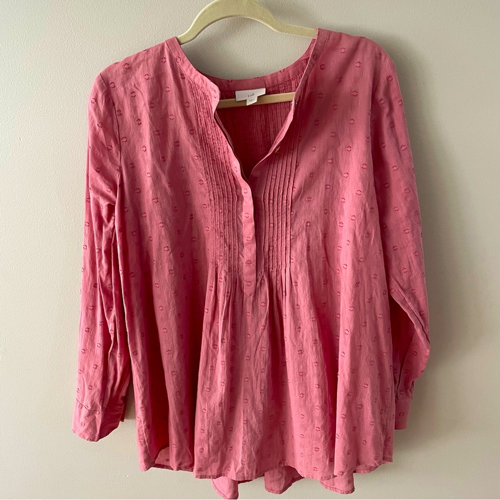 J. Jill Pink Swiss Dot Blouse Popover Long Sleeve Pintuck